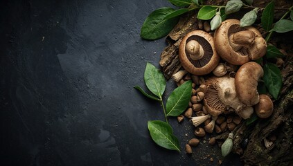 Fresh royal mushrooms resting on oak bark alongside vibrant bay leaves, perfect for nutritious vegan recipes. Bright highlights, deep shadows, focused detail, dark stone concrete backdrop, banner