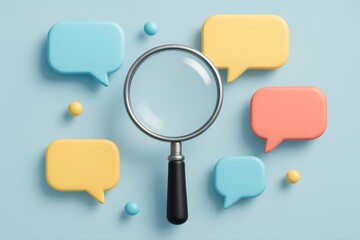 Magnifying glass surrounded by colorful speech bubbles on blue surface
