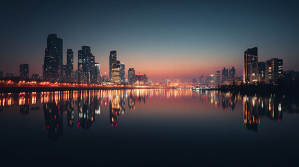 Fototapeta premium Cityscape at night reflecting on water with illuminated buildings and skyline view