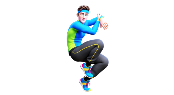 energetic cartoon athlete dynamic jump, active pose, vibrant fitness, isolated on transparent background