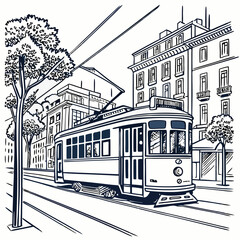 tram in the city line art vector
