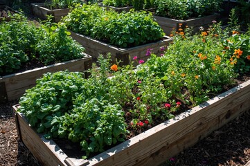 Obraz premium Several elevated garden boxes brimming with herbs, veggies, and blossoms basking in sunlight, highlighting eco-conscious horticulture in a neatly arranged outdoor environment for green living and