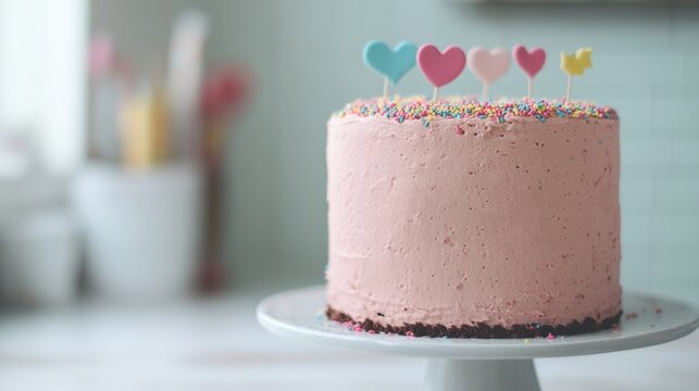 Colorful birthday cake decorated with hearts and sprinkles in a kitchen