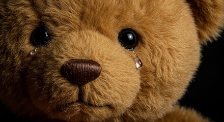 A striking, close-up portrait of a teddy bear's face, with a single teardrop rolling down its cheek. The emotional expression is emphasized through subtle lighting. Macro focus, realistic, high resolu