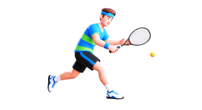 3d cartoon tennis player in motion dynamic serve, focused intensity, colorful outfit, summer sports action, isolated on transparent background
