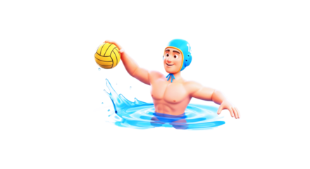 cartoon water polo playerdynamic throw, splashing action, summer sports fun, isolated on transparent background
