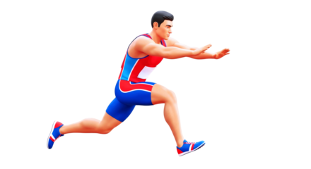 3d cartoon athlete dynamic long jump, powerful pose, red and blue tracksuit, competitive spirit, isolated on transparent background