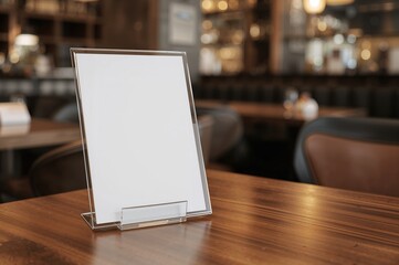 Mock-up of a menu holder on a tabletop in a casual dining setting, featuring an acrylic tent card stand with blank paper inserts, ideal for showcasing or presentations