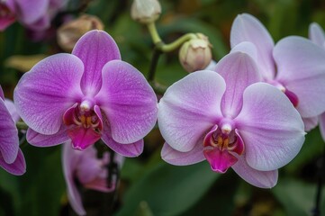 Close-up shot of vibrant purple Phalaenopsis amabilis orchids with white and pink hues in a garden setting. Nature-themed orchid backdrop with flat lay composition.