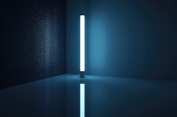 Dark setting illuminated by a glowing bulb and its mirrored glow, vacant area