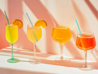 Sunlit glasses of colorful beverages with fruit slices and straws against a light color wall.