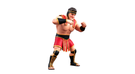 cartoon gladiator ready to rumble epic 3d pose, intense fight, ancient power, isolated on transparent background