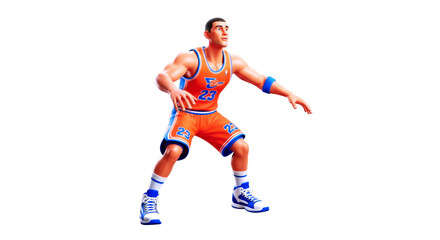 Obraz premium cartoon basketball player dynamic dunk prep, orange jersey, intense focus, courtside action, 3d model, isolated on transparent background