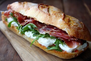 Obraz premium Mozzarella And Prosciutto Sandwich. Fresh Homemade Baguette Sandwich with Healthy Ingredients