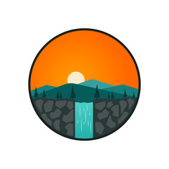 logo emblem flat illustration design of rural landscape with waterfall and mountains