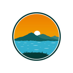 logo emblem flat illustration of rural landscape with lake, mountains, and sun vector design