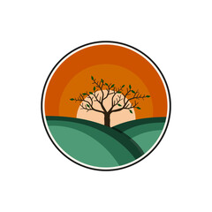 logo emblem flat illustration of rural landscape with tree, hill and sun vector design