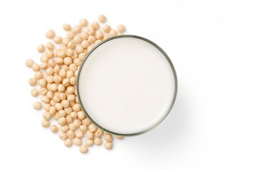 Isolated soy milk and soybeans on a white backdrop. Ideal nutrition for plant-based diets. Soybeans stand out as the prime choice during the vegetarian festivities. Aerial perspective image.