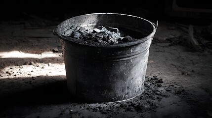 A dark, weathered metal bucket sits full of construction debris on a dusty floor, highlighting the shadows and light.