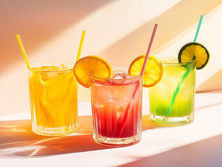 Sunlit glasses of colorful beverages with fruit slices and straws against a light color wall.