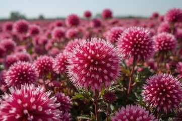 A vivid close-up showcasing magenta and white globe amaranth blossoms in full bloom, forming a rich and colorful floral scene.