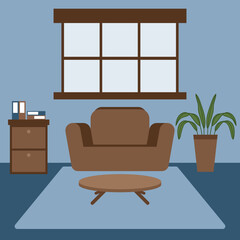 wooden table, bookshelf and chair in living room flat illustration design vector