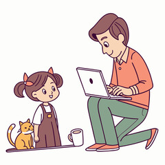 Cute female kid and cat distracting father from work vector flat illustration. Modern man working remotely from home use computer isolated on white background. Remote work disadvantages