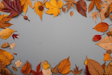 Autumn-themed dried leaf border on a neutral background with fall and Thanksgiving vibes, overhead view with space for text, square format in anime-style flat lay