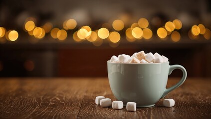 Obraz premium Warm mug of cocoa topped with marshmallows on a rustic table surrounded by festive lights bokeh. Blurred backdrop creating a cozy holiday atmosphere. Seasonal celebration vibes.