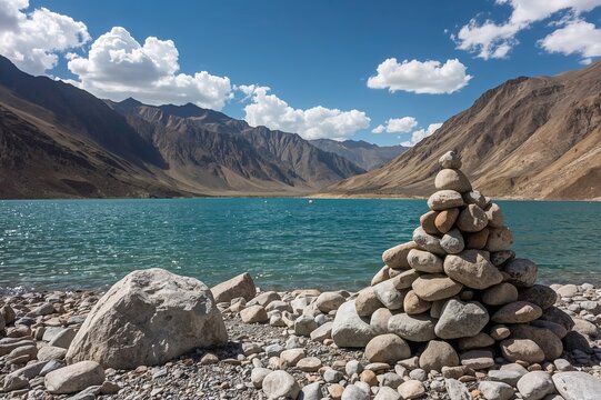 Panoramic view of a high-altitude mountain lake featuring a sacred rock cairn used in Buddhist rituals in the foreground