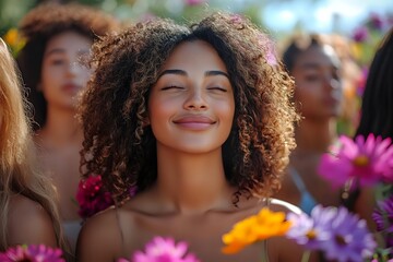 Young African American woman with curly hair smiling peacefully with closed eyes among colorful summer flowers, radiating joy and serenity in natural sunlight.