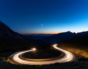 night scene of a winding road with vibrant light trails curving up to a luminous ring shaped light formation above nestled between dark mountains under a deep blue night sky