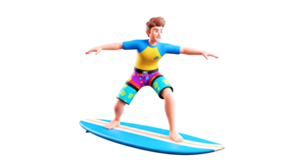 3d cartoon surfer mastering the wave, joyful ride, summer vibes, isolated on transparent background