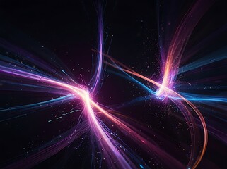 A vibrant, abstract digital background filled with glowing neon light trails and flowing energy waves. Bright streaks of purple, pink, and blue twist and swirl across a deep midnight gradient, leaving