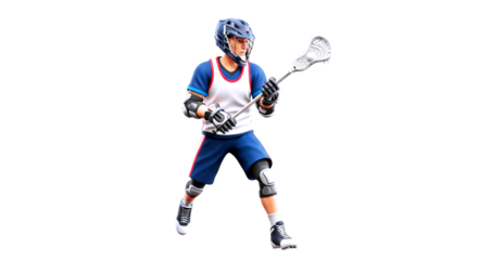 3d cartoon lacrosse player intense action pose, readytoanimate game asset, isolated on transparent background