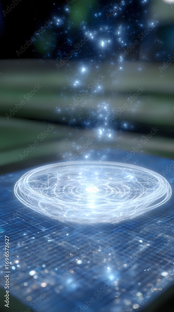 Poster mystical glowing energy vortex floating over digital grid surface with sparkling stars and cosmic pa