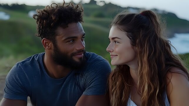 Young interracial couple sharing intimate moment outdoors, smiling and gazing at each other against natural landscape background during golden hour lighting.