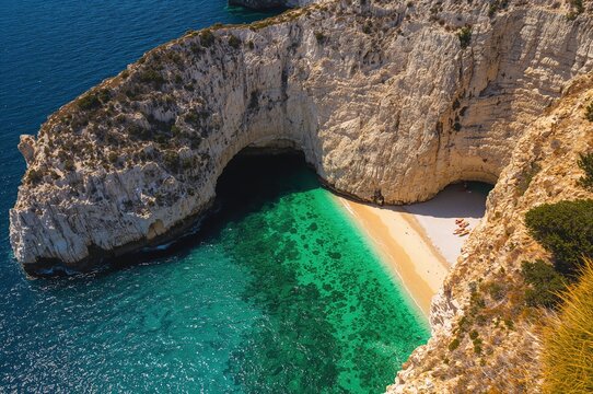Drone-captured view of a hidden tropical cove known as the seal grotto with lush greenery and clear waters, featuring sky, sand, and vibrant natural elements