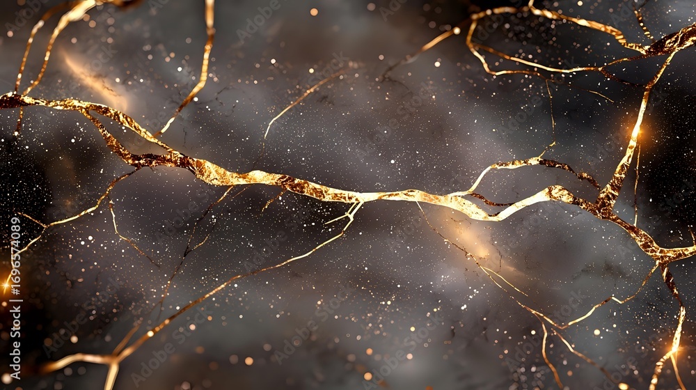 Poster Glowing golden cracks on dark marble texture with shimmering particles, luxury abstract background pattern for elegant design projects and branding.