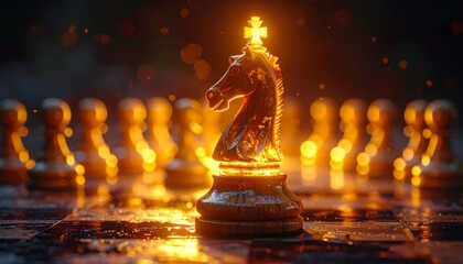 Beautiful Chess Knight Piece Surrounded by Glowing Pawns at Night