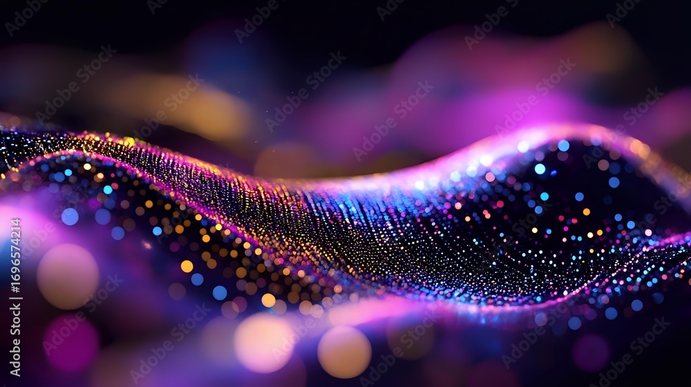 Poster glowing wave of colorful particles with purple and blue bokeh lights on dark background creates futu