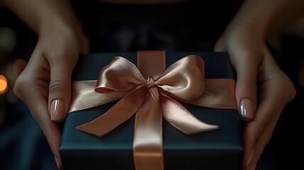 Female hands with manicure holding elegant dark gift box wrapped with rose gold satin ribbon and bow against blurred bokeh background. Luxury present concept.