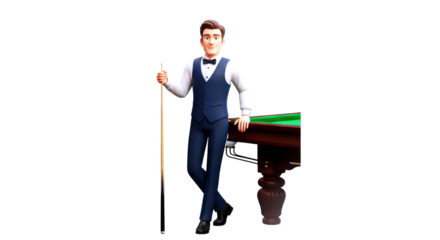 confident cartoon snooker player relaxed pose, pool cue, stylish attire, 3d render, game asset, isolated on transparent background