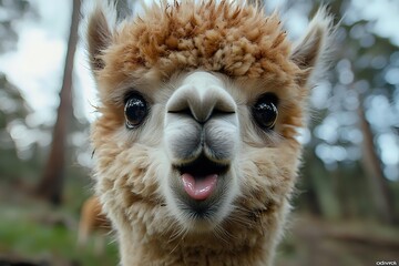 Close up portrait of smiling brown alpaca with fluffy fur looking directly at camera against blurred natural background. Funny and charming expression.