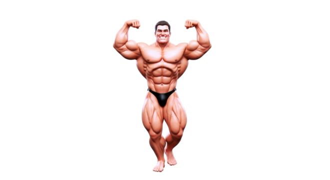 triumphant bodybuilder cartoon 3d model, powerful pose, fitness icon, peak strength, muscular physique, athletic achievement, competition ready, isolated on transparent background
