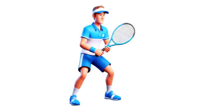 3d cartoon tennis ace ready to serve, focused intensity, winning game, isolated on transparent background
