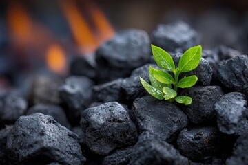 New Growth Fire. Germinating Green Sprout on Coal, Rebirth of Nature Concept
