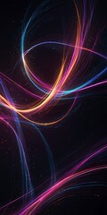 A vibrant, abstract digital background filled with glowing neon light trails and flowing energy waves. Bright streaks of purple, pink, and blue twist and swirl across a deep midnight gradient, leaving