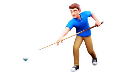 3d cartoon billiards player precise shot, focused aim, casual fun, game day action, isolated on transparent background