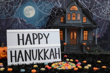 Festive Hanukkah greeting with a spooky haunted house and treats